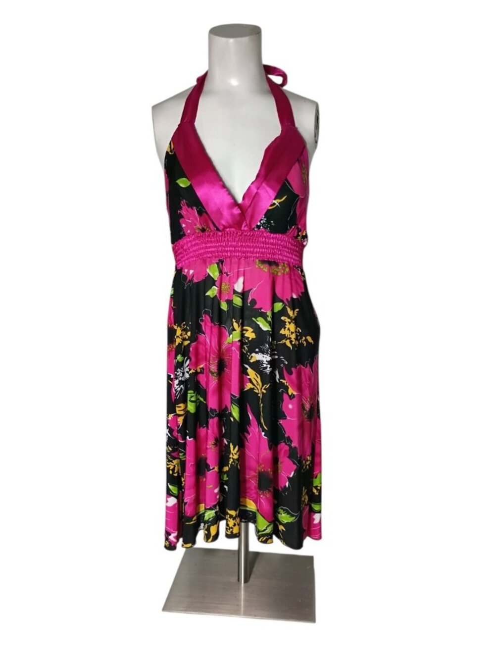 Y2K Style Babydoll Floral Halter Dress M Jersey Knit Satin Club Party Vacation